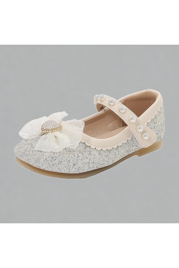 Krdevn Girls' Glitter Pearl Bow Mary Jane Flats, Sparkly Dress Shoes, Soft Sole Performance & Dance Shoes for Parties,Sizes 7-8 Years