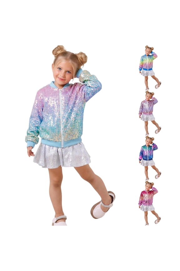 Krdevn Girls Gradient Sequin Bomber Jacket, Colorful Zip Up Long Sleeve Sparkly Outerwear for Party Stage Performance,Multicolour2