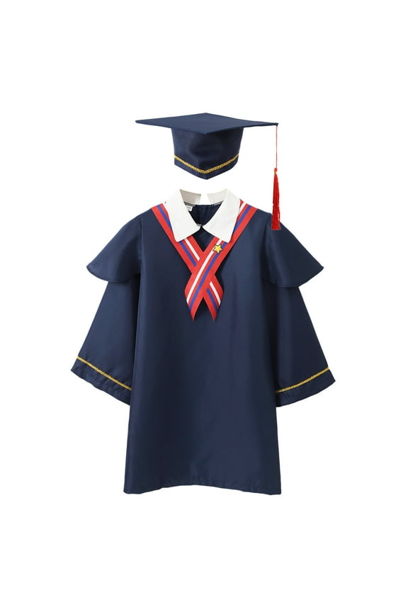 Girls' Graduation Gown Set, Navy Blue Doctor Robe with Red & White Sash, Formal Outfit for Kindergarten Graduation Photos,11-12 Years