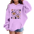 thumbnail image 1 of Krdevn Girls Halloween Boo Hoodie Ghost Pumpkin Black Cat Spider Web Haunted House Multi Motif Graphic Pullover Sweatshirt Long Sleeve Casual Fall Top with Pocket Purple,9-10 Years, 1 of 3