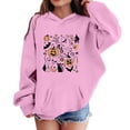 thumbnail image 1 of Krdevn Girls Halloween Boo Hoodie Ghost Pumpkin Black Cat Spider Web Haunted House Multi Motif Graphic Pullover Sweatshirt Long Sleeve Casual Fall Top with Pocket Pink,7-8 Years, 1 of 3