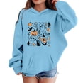 thumbnail image 1 of Krdevn Girls Halloween Boo Hoodie Ghost Pumpkin Black Cat Spider Web Haunted House Multi Motif Graphic Pullover Sweatshirt Long Sleeve Casual Fall Top with Pocket Light Blue,13-14 Years, 1 of 3