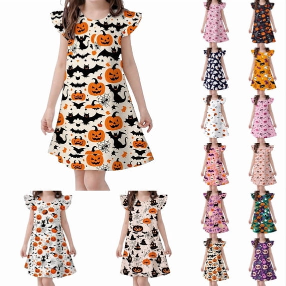 Krdevn Girls Halloween Nightgown, Ruffle Sleeve Ghost Pumpkin Print A-Line Sleep Dress, Cute Soft Lounge Pajama Dress for Kids 3-10Y,Beige