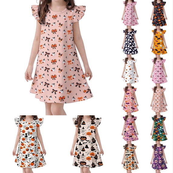 Krdevn Girls Halloween Nightgown, Ruffle Sleeve Ghost Pumpkin Print A-Line Sleep Dress, Cute Soft Lounge Pajama Dress for Kids 3-10Y,Beige