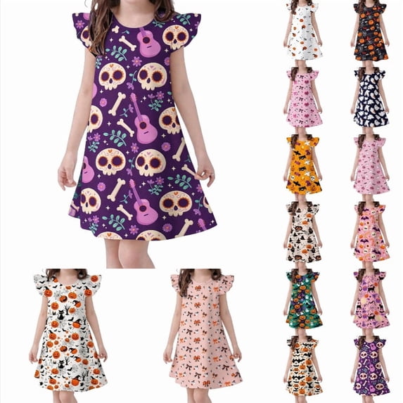 Krdevn Girls Halloween Nightgown, Ruffle Sleeve Ghost Pumpkin Print A-Line Sleep Dress, Cute Soft Lounge Pajama Dress for Kids 3-10Y,Purple