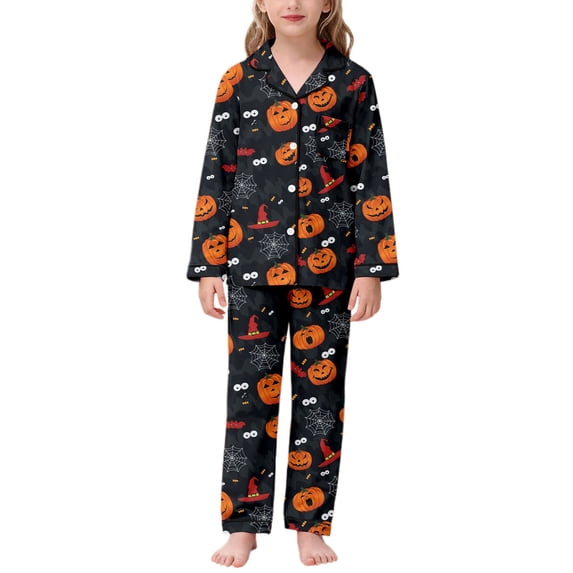 Krdevn Girls Halloween Pajamas Set Pumpkin Print Long Sleeve Button-Down Top and Pants 2 Piece Sleepwear Kids PJ Set Black,8-9 Years