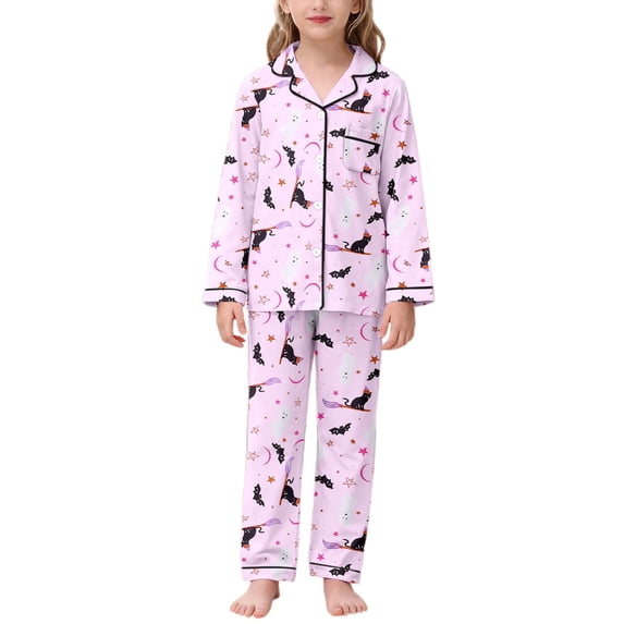 Krdevn Girls Halloween Pajamas Set Witch Cat Broom Ghost Print Long Sleeve Button-Down Top and Pants 2 Piece Sleepwear Kids PJ Set Pink,4-5 Years