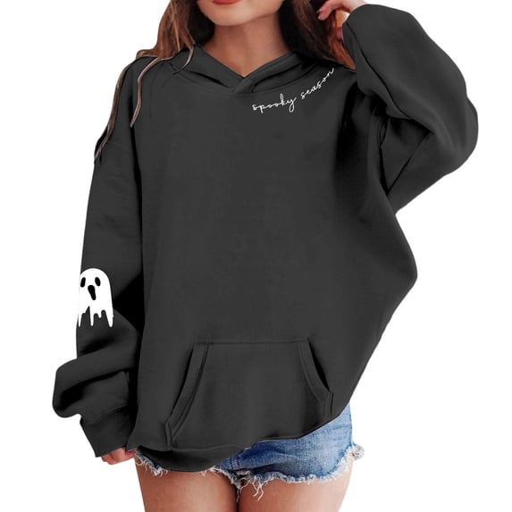 Krdevn Girls Halloween Spooky Season Hoodie Simple Ghost Sleeve Print Script Letter Pullover Sweatshirt Long Sleeve Casual Fall Top with Pocket Black,13-14 Years