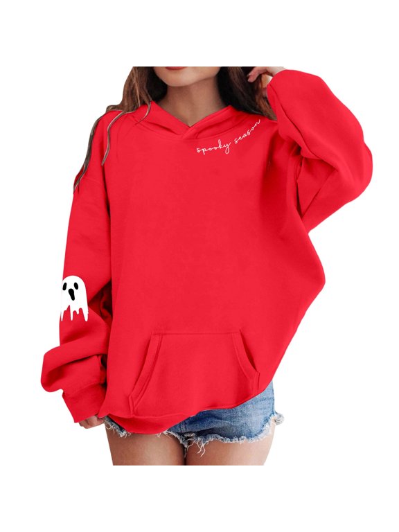 Krdevn Girls Halloween Spooky Season Hoodie Simple Ghost Sleeve Print Script Letter Pullover Sweatshirt Long Sleeve Casual Fall Top with Pocket Red,1-2 Years