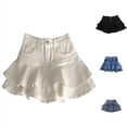 thumbnail image 1 of Krdevn Girls High Waist Denim Tiered Skirt, Elastic Waist Ruffled Hem Summer Skort, Kids Casual Pleated Mini Skirt,White, 1 of 4