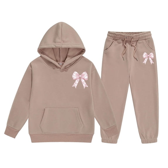 Krdevn Girls Hoodie and Jogger Pants 2 Piece Outfit Cute Bow Print Casual Long Sleeve Loungewear Set for Kids
