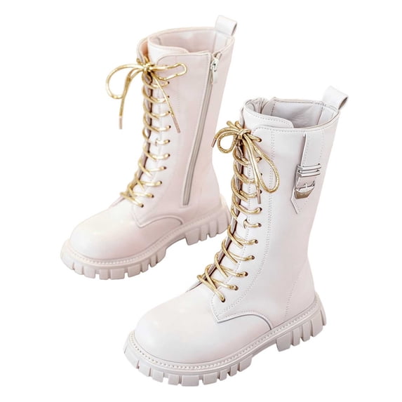 Krdevn Girls Knee‑High Boots Shoes | Interchangeable Gold Laces, Side Zipper, Soft Upper, Chunky Non‑Slip Flat Sole for Fashion Daily Dress‑Up,White