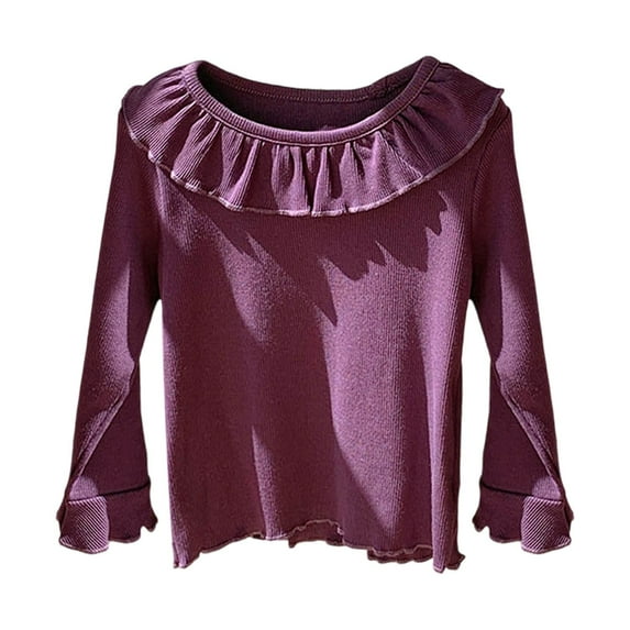 Krdevn Girls' Knit Blouse - Collared Top with Lace Trim | Soft Stretchy Tee Shirt for Kids | Comfortable Casual Stretch Top,Color:Purple,Size:8-9 Years