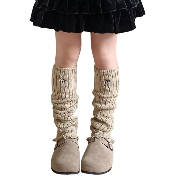 Krdevn Girls Knitted Leg Warmers, Embroidered Bow Knee High Socks, Cozy Solid Color Fall Winter Layering,One Size