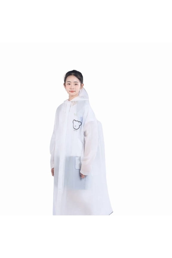Krdevn Girls Line Bear Hooded Raincoat Extra Long Backpack Friendly Waterproof Windproof Snap Front Rain Jacket with Side Pocket for School Travel Color:White,Size:12-14 Years