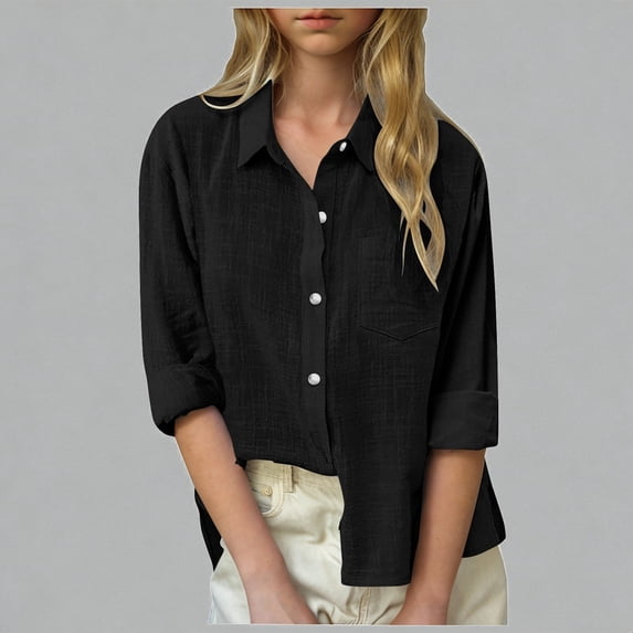 Krdevn Girls Linen Button Down Shirts Long Sleeve Pocketed Loose Fit Lightweight Casual Tops for Spring Summer,13-14 Years
