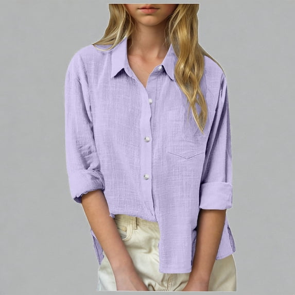 Krdevn Girls Linen Button Down Shirts Long Sleeve Pocketed Loose Fit Lightweight Casual Tops for Spring Summer,5-6 Years