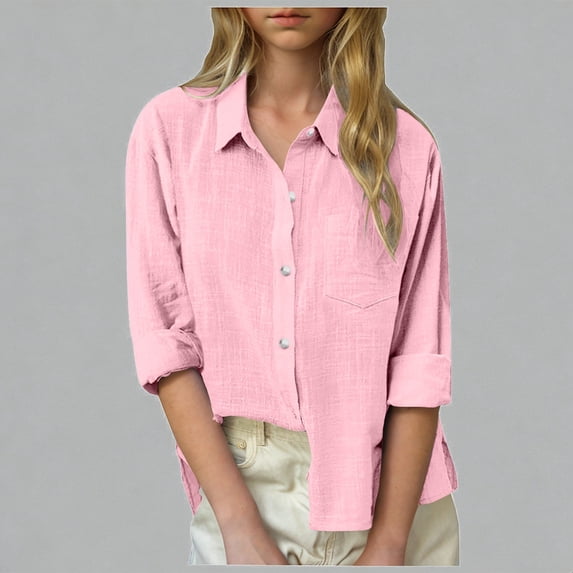 Krdevn Girls Linen Button Down Shirts Long Sleeve Pocketed Loose Fit Lightweight Casual Tops for Spring Summer,9-10 Years