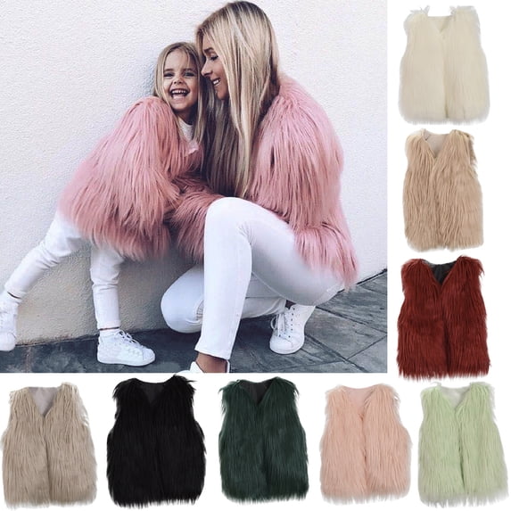 Krdevn Girls Long‑Hair Faux Fur Vest, V‑Neck Open Front Sleeveless Gilet, Kids Fashion Fluffy Layering Waistcoat for Fall Winter,Pink
