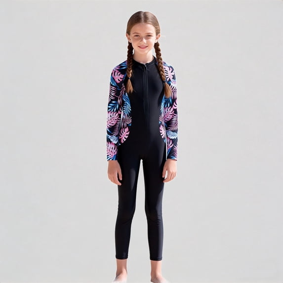 Krdevn Girls' Long Sleeve One Piece Swimsuit Tropical Leaf Print Full Coverage Rash Guard For Surfing Diving,10-11 Years