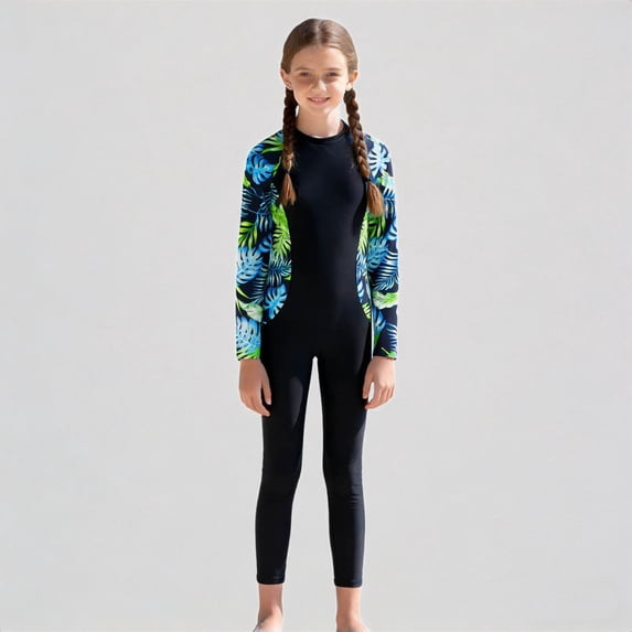 Krdevn Girls' Long Sleeve One Piece Swimsuit Tropical Leaf Print Full Coverage Rash Guard For Surfing Diving,8-9 Years