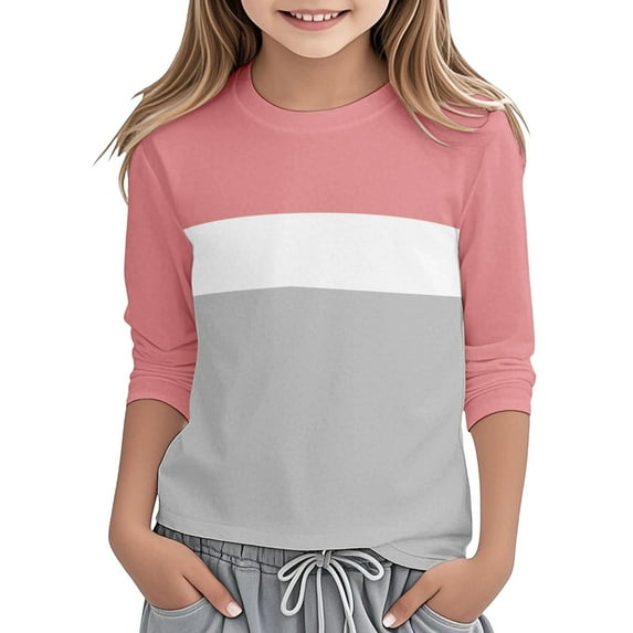 Krdevn Girls Long Sleeve Round Neck Color Block Tee Soft Comfortable Casual Top for Toddler Kids Stylish Everyday Wear,Fall Clothes,Size:7-8 Years