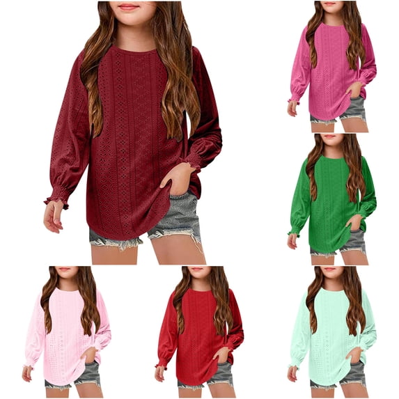 Krdevn Girls Long Sleeve Tops, Round Neck Hollow Out Blouse, Loose Fit Elastic Puff Sleeve Breathable Tee Shirts for Casual Daily Wear,10-12 Years