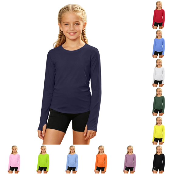 Krdevn Girls Long Sleeve UPF 50+ Sun Protection Athletic Shirt Finger Holes Sports Tee,7-8 Years