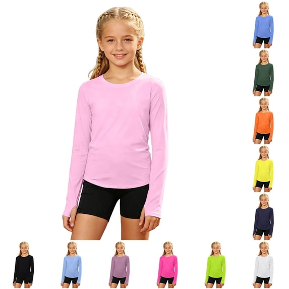 Krdevn Girls Long Sleeve UPF 50+ Sun Protection Athletic Shirt Finger Holes Sports Tee,7-8 Years