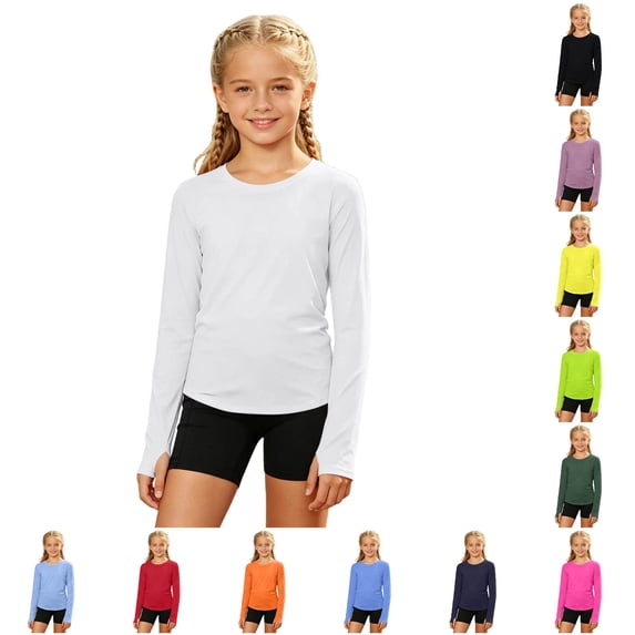 Krdevn Girls Long Sleeve UPF 50+ Sun Protection Athletic Shirt Finger Holes Sports Tee,9-10 Years