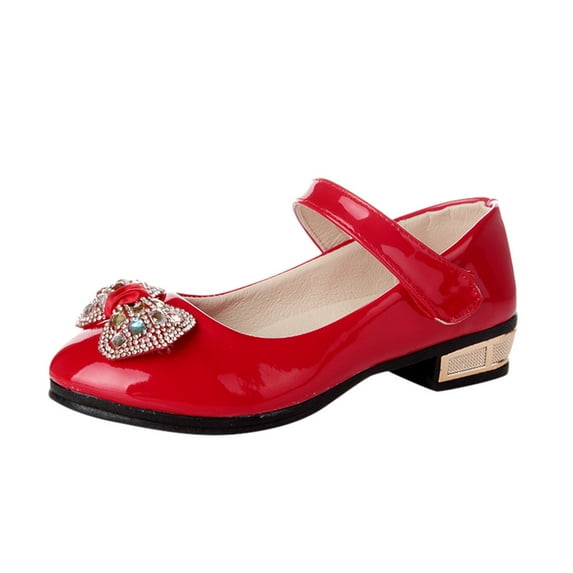 Krdevn Girls' Mary Jane Pumps, Heart Rhinestone Decor Low Heel Non- Princess Dress Shoes for Kids,Sizes 10.5-11 Years