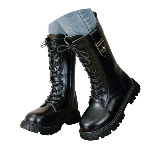 Krdevn Girls Mid‑Calf Boots, Fleece Lined Warm Winter Boots, Lace‑Up with Metal Buckle Decor Side Zipper Non‑Slip Fashion Boots,Black