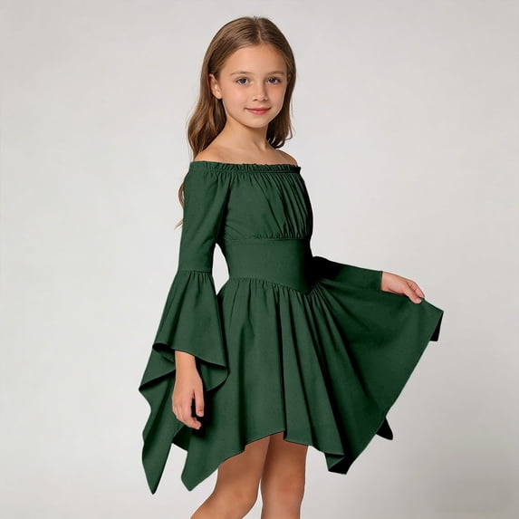 Krdevn Girls Off Shoulder Ruffle Sleeve Dress Solid Color High Waist Asymmetrical Hem Casual Summer Party Dress,4-5 Years