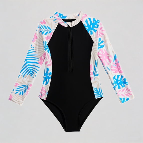 Krdevn Girls One Piece Rash Guard Swimsuit Black Tropical Leaf Print Long Sleeve Zip Up Front UPF 50+ Beach Pool Swimwear,7-8 Years