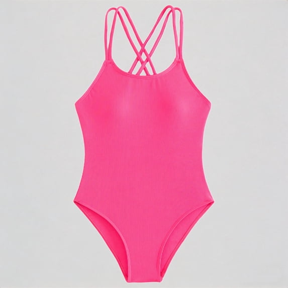 Krdevn Girls One Piece Swimsuit Ribbed Knit Criss Cross Back Spaghetti Strap Athletic Swimwear for Beach Pool Party,10-11 Years