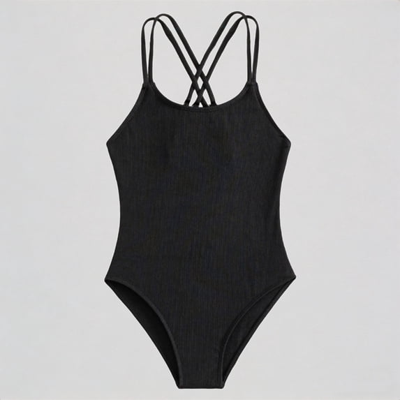 Krdevn Girls One Piece Swimsuit Ribbed Knit Criss Cross Back Spaghetti Strap Athletic Swimwear for Beach Pool Party,11-12 Years
