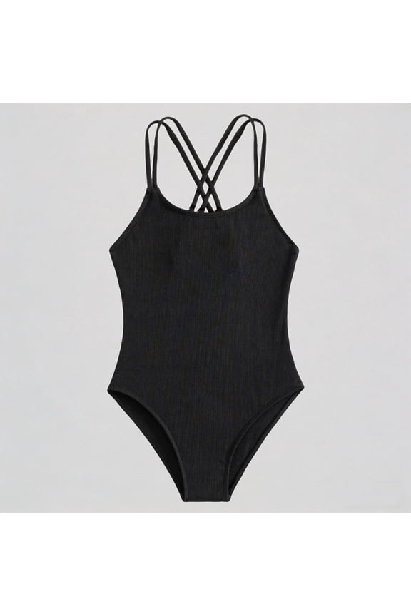 Girls One Piece Swimsuit Ribbed Knit Criss Cross Back Spaghetti Strap Athletic Swimwear for Beach Pool Party,9-10 Years