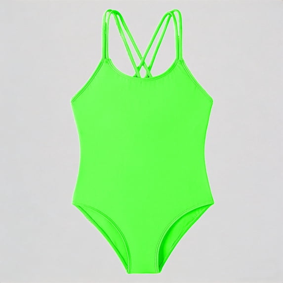 Krdevn Girls One Piece Swimsuit Solid Color Double Criss Cross Back Straps High Cut Athletic Swimwear for Beach Pool,10-11 Years