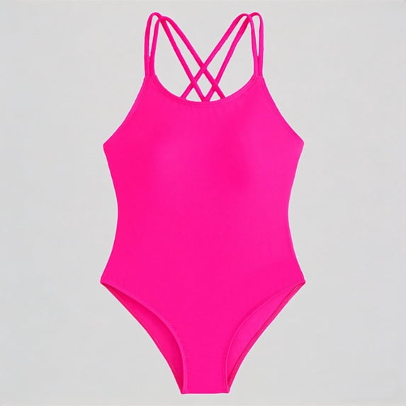 Krdevn Girls One Piece Swimsuit Solid Color Double Criss Cross Back Straps High Cut Athletic Swimwear for Beach Pool,9-10 Years