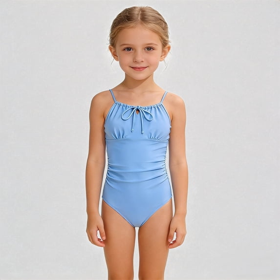 Krdevn Girls' One Piece Swimsuit Solid Color Ruched Halter Top Adjustable Straps Bathing Suit For Beach Pool,7-8 Years