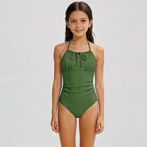 Krdevn Girls' One Piece Swimsuit Solid Color Ruched Halter Top Adjustable Straps Bathing Suit For Beach Pool,9-10 Years