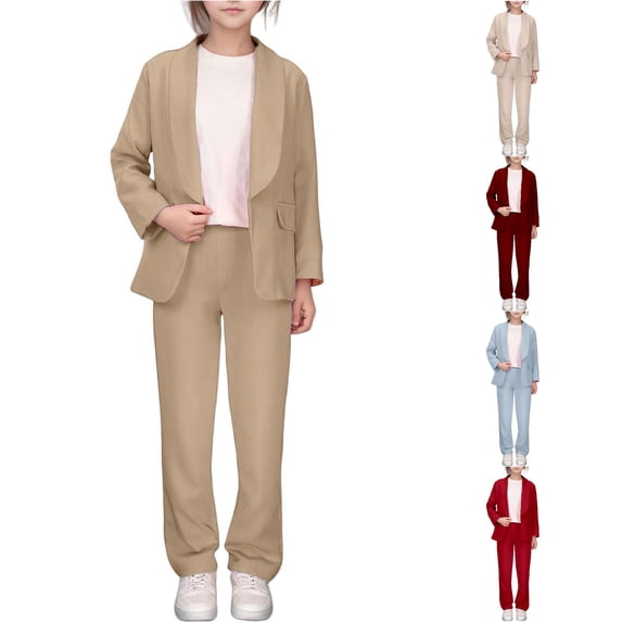 Krdevn Girls Open Front Blazer Suit Set Lapel Long Sleeve Jacket with Straight Leg Pants Casual Formal Outfit,11-12 Years