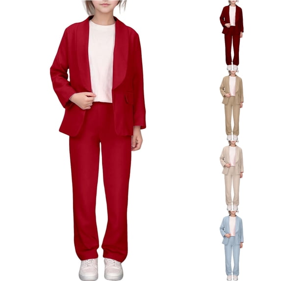Krdevn Girls Open Front Blazer Suit Set Lapel Long Sleeve Jacket with Straight Leg Pants Casual Formal Outfit,13-14 Years