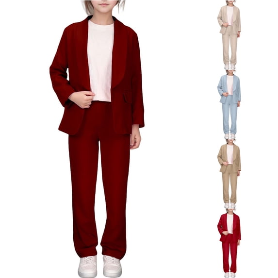 Krdevn Girls Open Front Blazer Suit Set Lapel Long Sleeve Jacket with Straight Leg Pants Casual Formal Outfit,5-6 Years