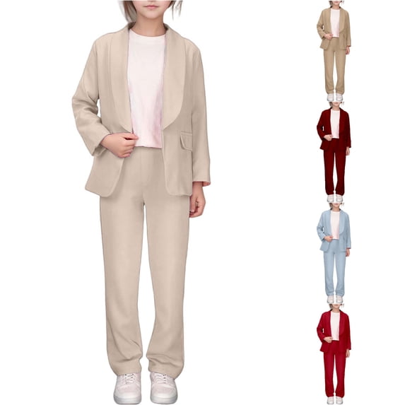 Krdevn Girls Open Front Blazer Suit Set Lapel Long Sleeve Jacket with Straight Leg Pants Casual Formal Outfit,5-6 Years