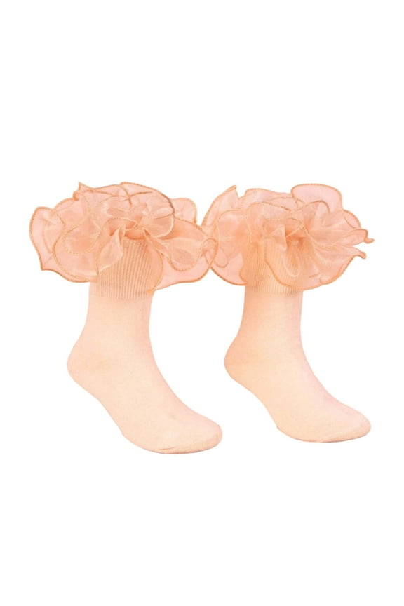 Girls' Peach Ruffle Lace Socks, Combed Cotton Dance Socks, Slim Solid Color Ankle Socks with Ruffle for Kids,4-6 Years