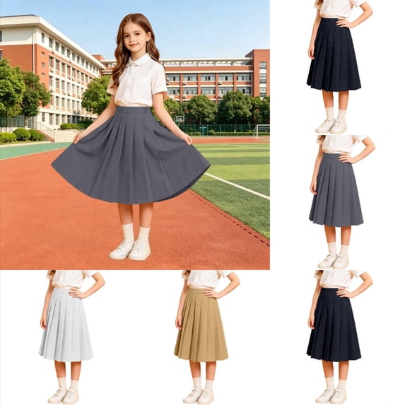 Krdevn Girls' Pleated Midi Skirt, Kids' High Waist Solid Color School Uniform Skirt,Grey