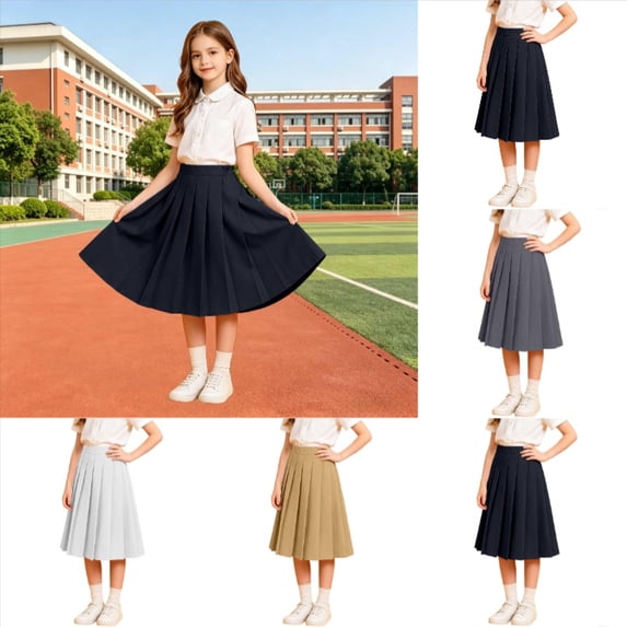 Krdevn Girls' Pleated Midi Skirt, Kids' High Waist Solid Color School Uniform Skirt,Navy