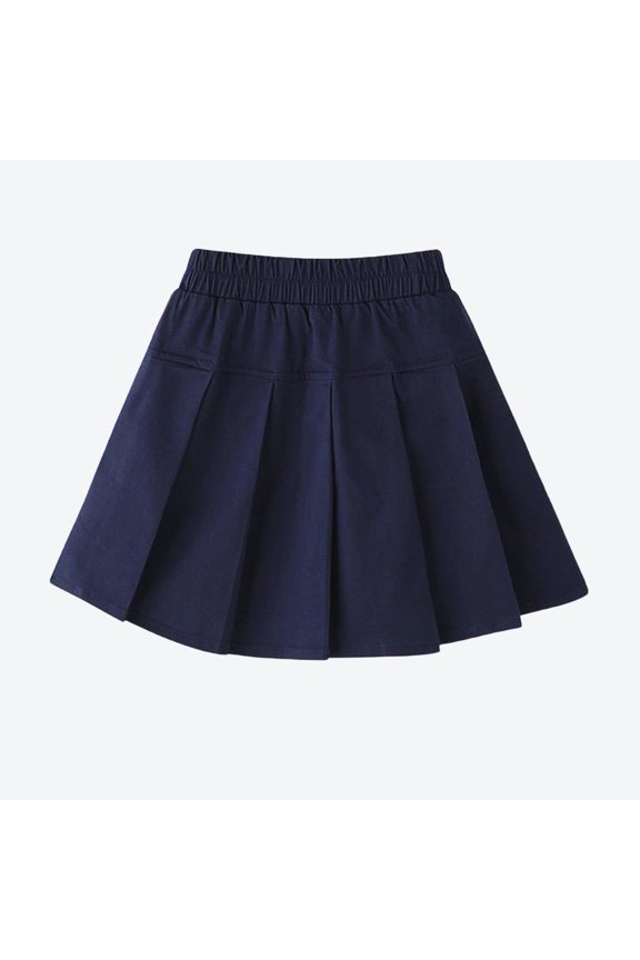 Krdevn Girls Pleated School Uniform Skirt, Elastic Waist Kids A-Line Skort, Casual Solid Color Mini Skirt for Students,Dark Blue