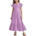 thumbnail image 1 of Krdevn Girls Pleated Short Sleeve Round Neck Loose Casual Flowy Layered Extra Long Dress with Pockets,8-9 Years, 1 of 6